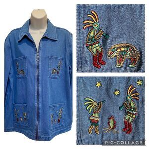 Vintage Passion Kokopelli Denim Zip Front Four Pocket Embroidered Jacket Sz M